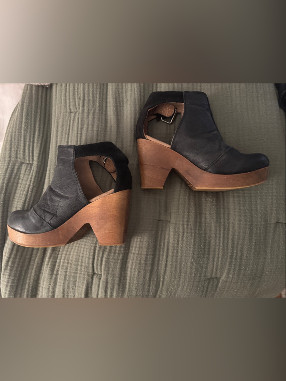 Free People Black Leather Cutout Platform Clog Heels with Wood Sole